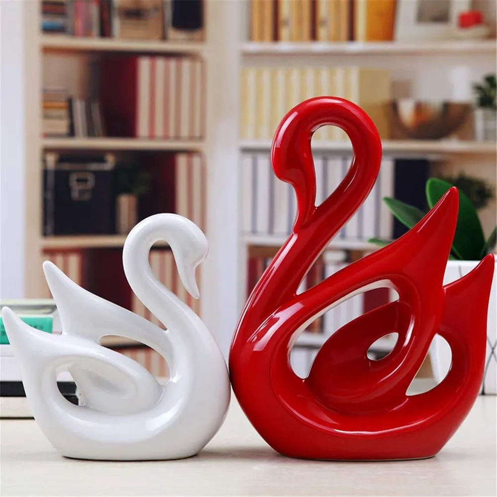 Aesthetic Swan Polyresin Table Accents for Decoration (White & Red)