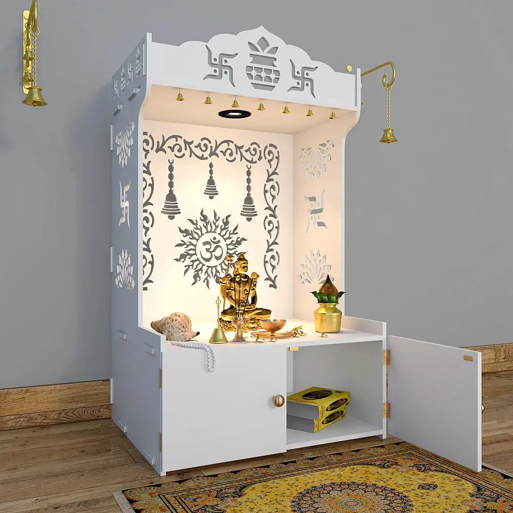 Aesthetic White Wooden Temple for Home with Spacious Shelf &amp; Inbuilt Focus Light