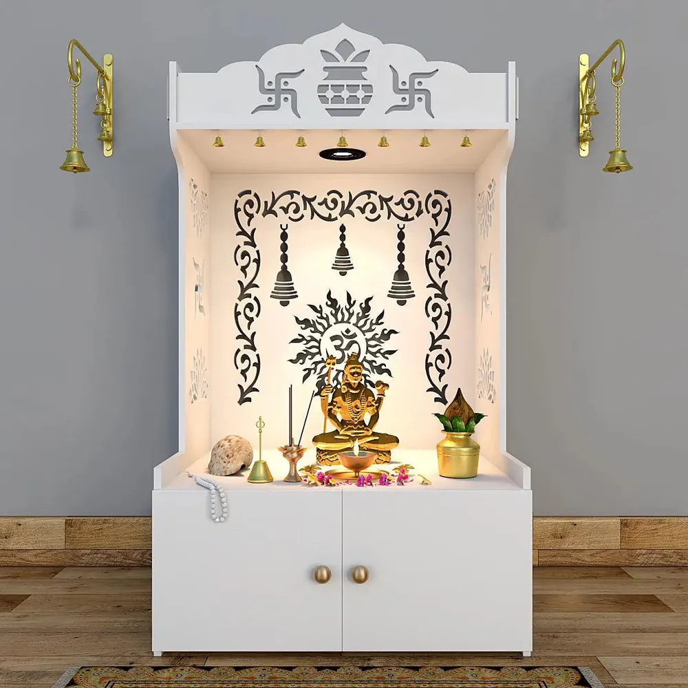 Aesthetic White Wooden Temple for Home with Spacious Shelf &amp; Inbuilt Focus Light