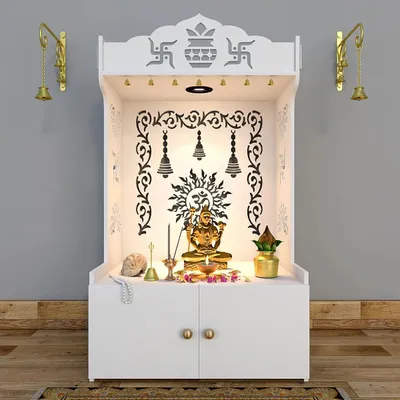 Aesthetic White Wooden Temple for Home with Spacious Shelf &amp; Inbuilt Focus Light