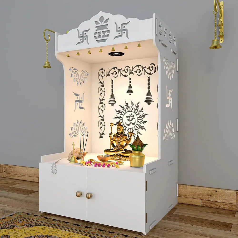 Aesthetic White Wooden Temple for Home with Spacious Shelf &amp; Inbuilt Focus Light