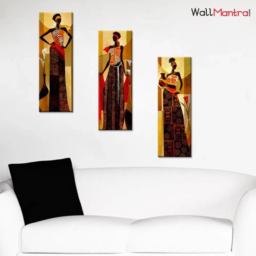 African Lady Abstract Design Wall Painting on Canvas Set of 3 Wooden Frames