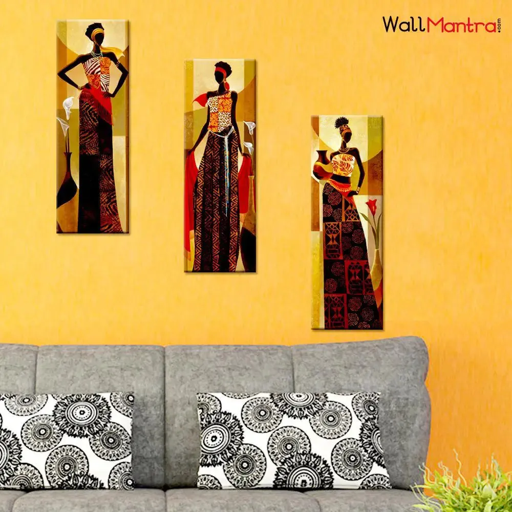 African Lady Abstract Design Wall Painting on Canvas Set of 3 Wooden Frames