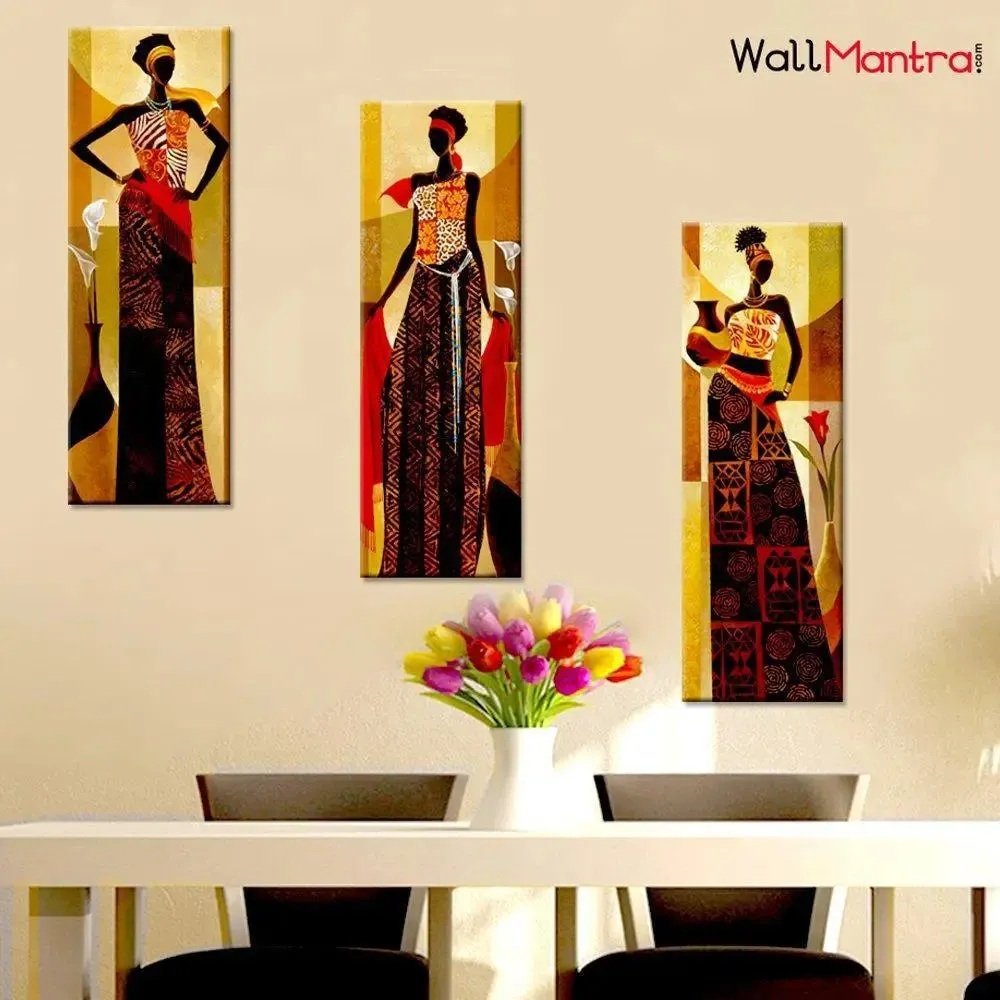 African Lady Abstract Design Wall Painting on Canvas Set of 3 Wooden Frames
