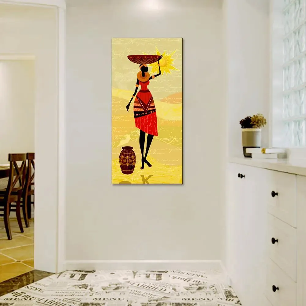 African Lady Village Scenery Canvas Printed Wall Painting With Frame
