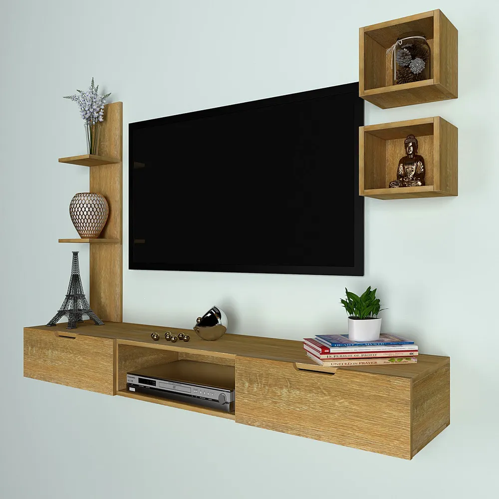 African Oak FInished Distinctly Shelved Tv Unit