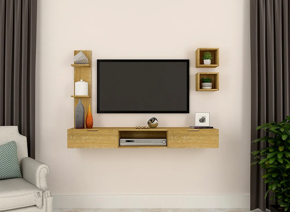 African Oak FInished Distinctly Shelved Tv Unit