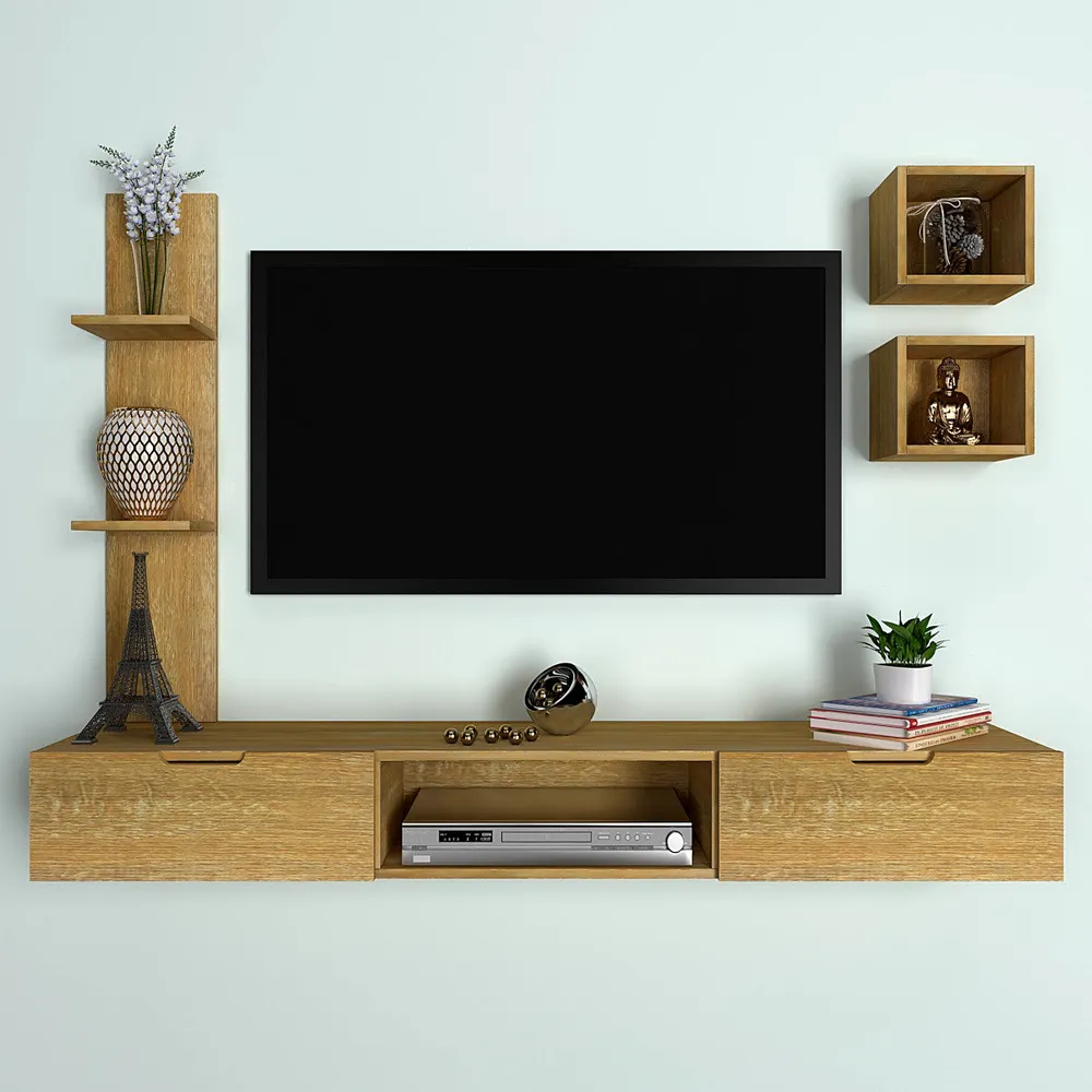 African Oak FInished Distinctly Shelved Tv Unit