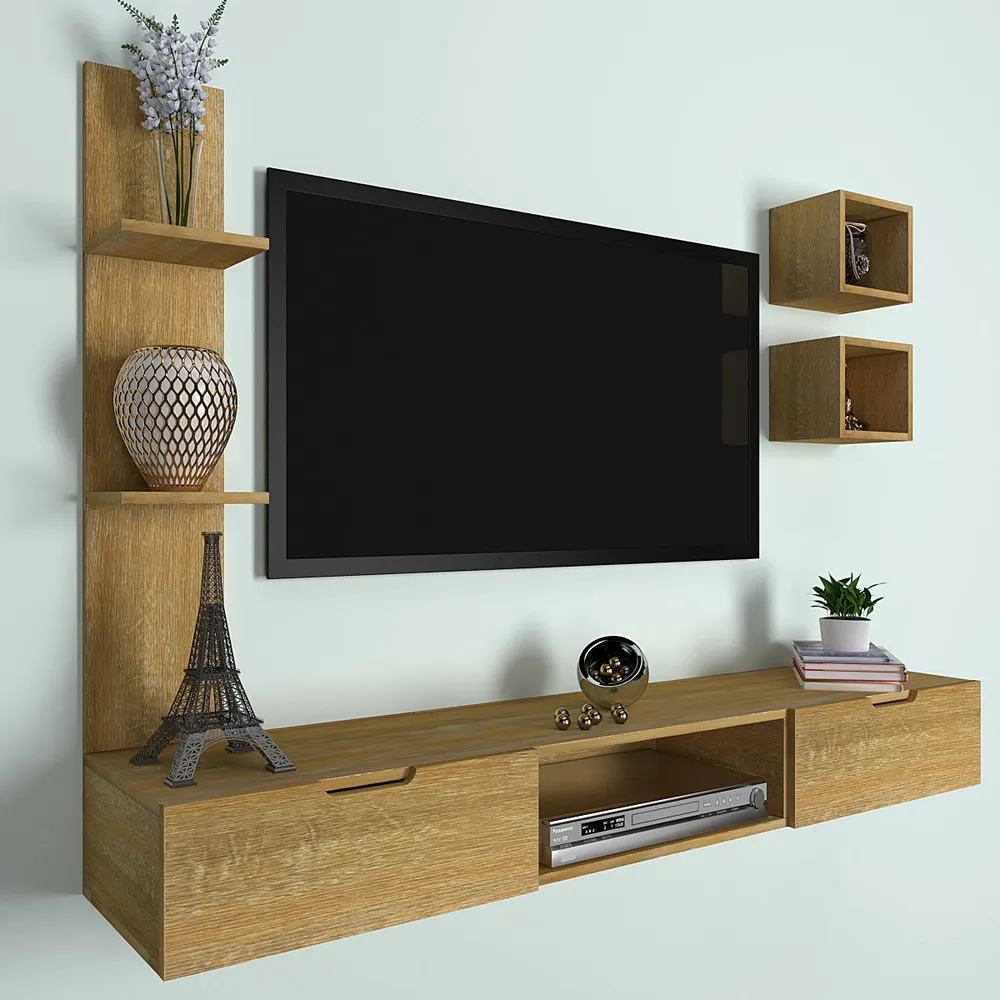 African Oak FInished Distinctly Shelved Tv Unit
