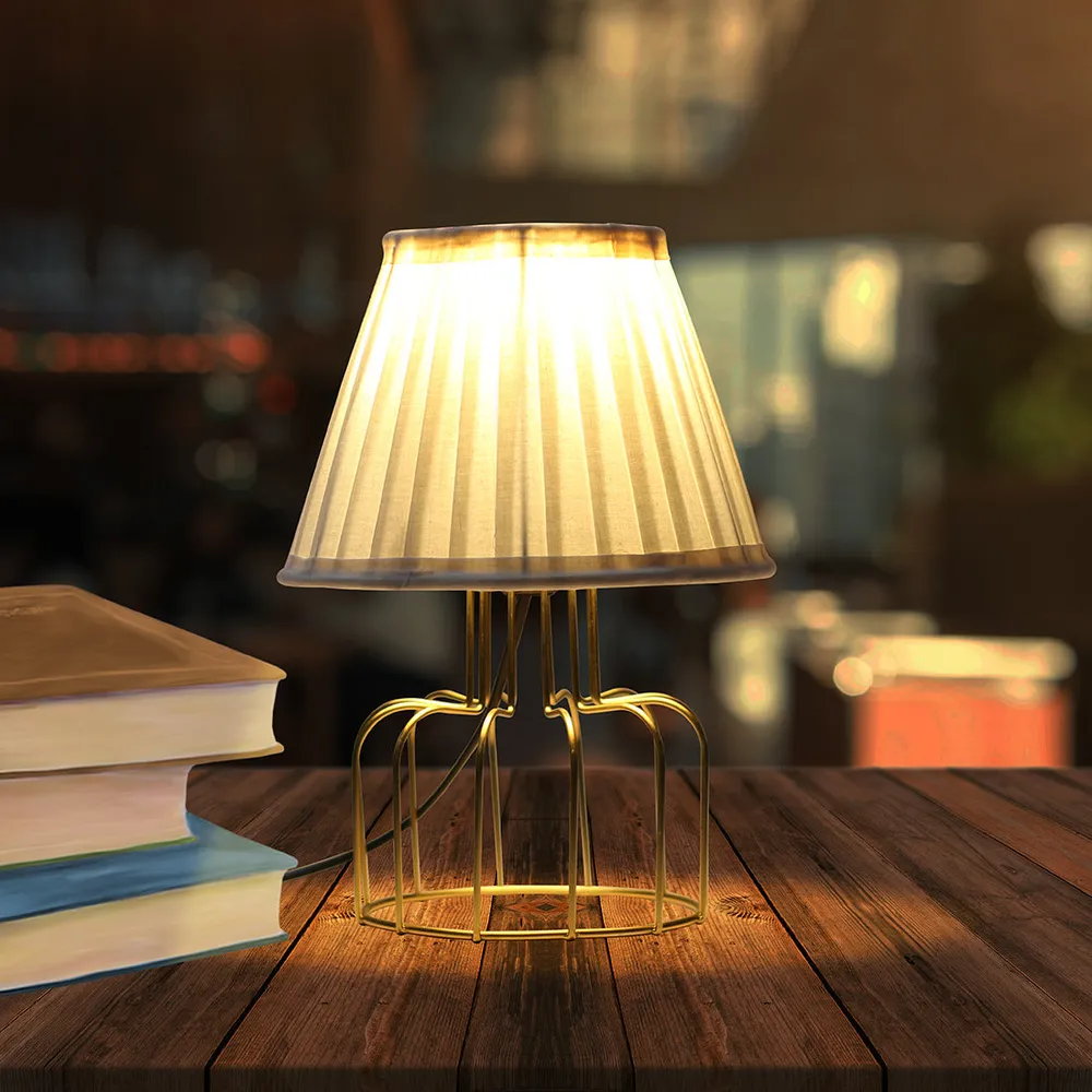 Alluring Golden Metal Cage Table Lamp with Pleated Shade
