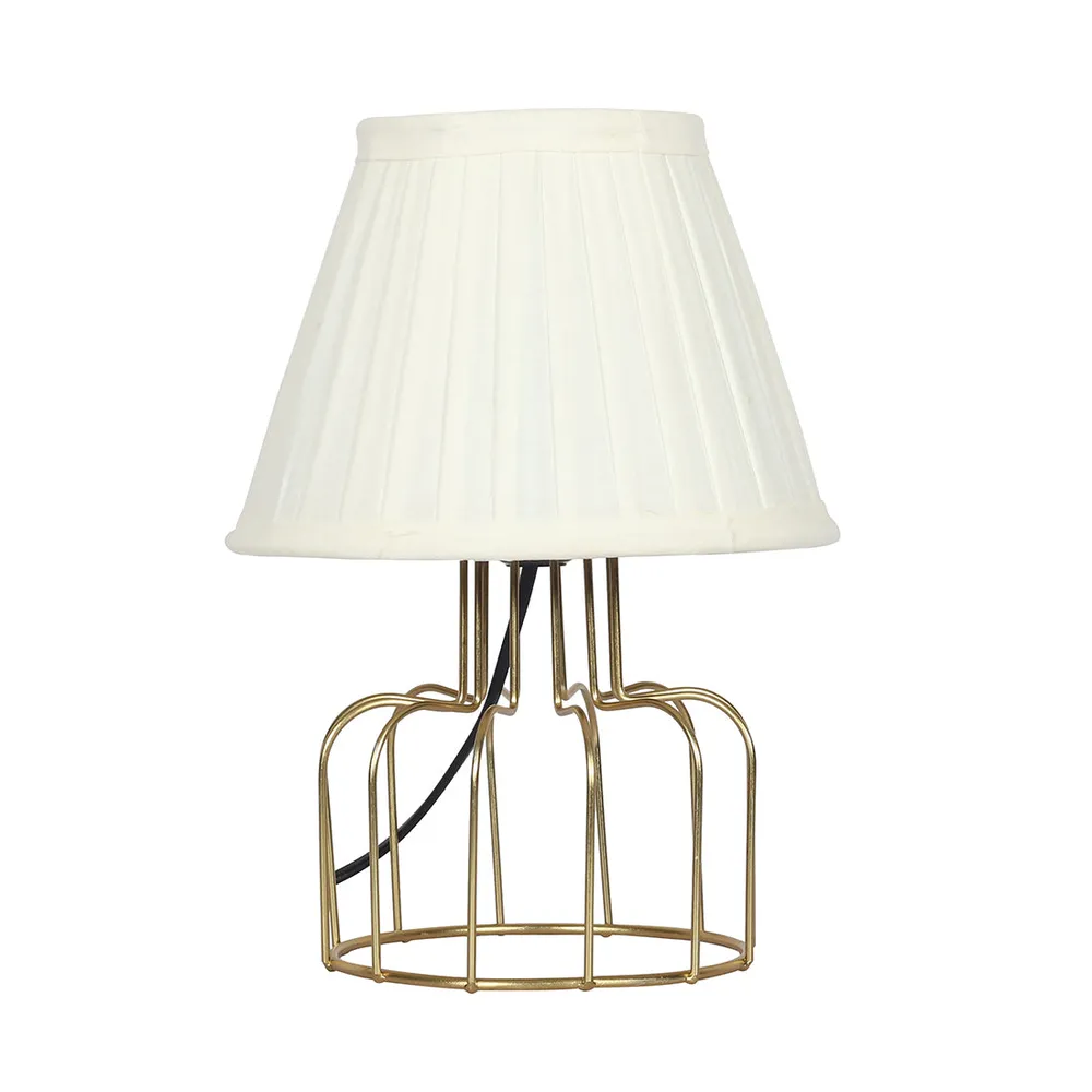 Alluring Golden Metal Cage Table Lamp with Pleated Shade
