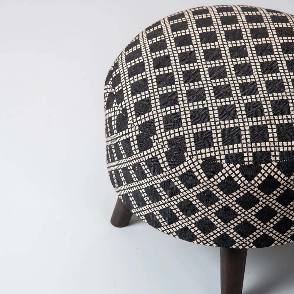 Alluring Print Grey and Black Woven Jacquard Cotton Ottoman Wood Stool Set Of 2