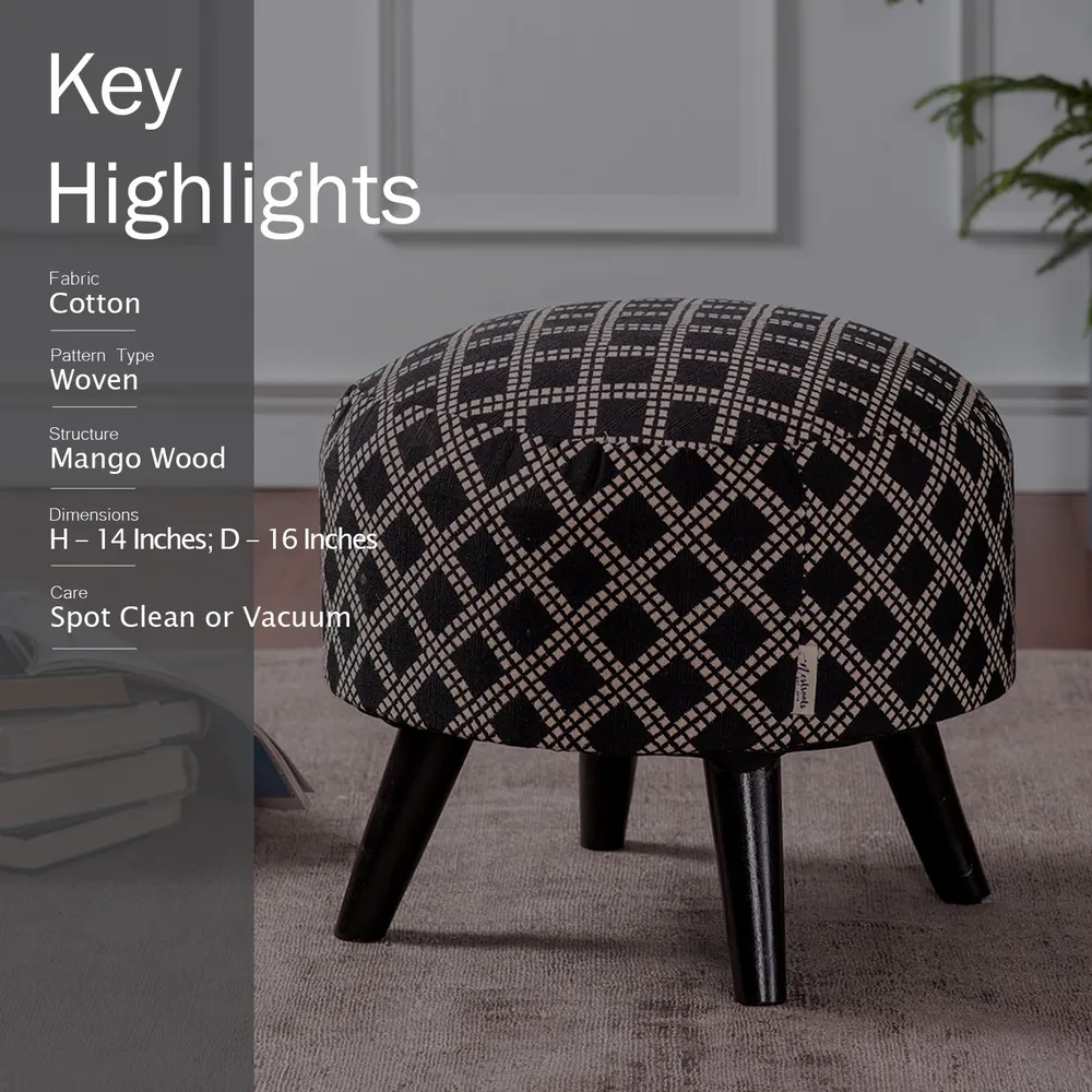 Alluring Print Grey and Black Woven Jacquard Cotton Ottoman Wood Stool Set Of 2
