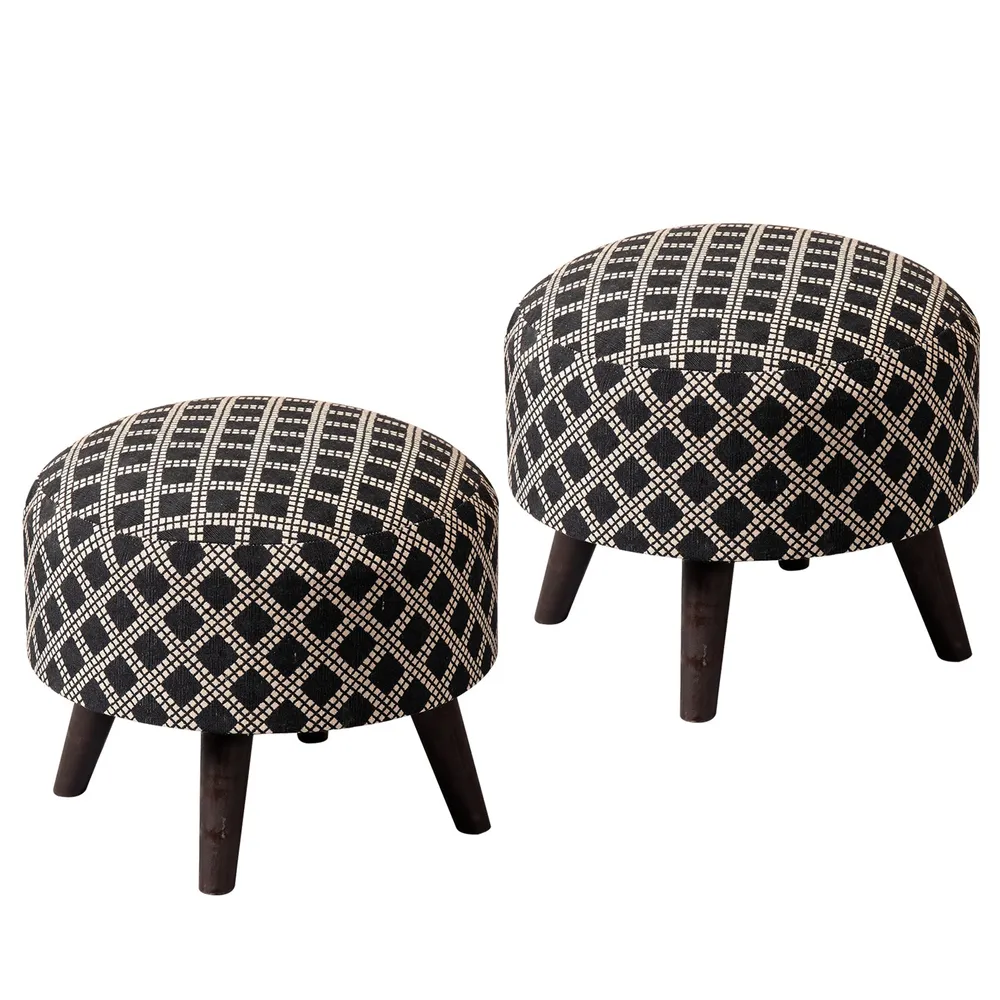Alluring Print Grey and Black Woven Jacquard Cotton Ottoman Wood Stool Set Of 2