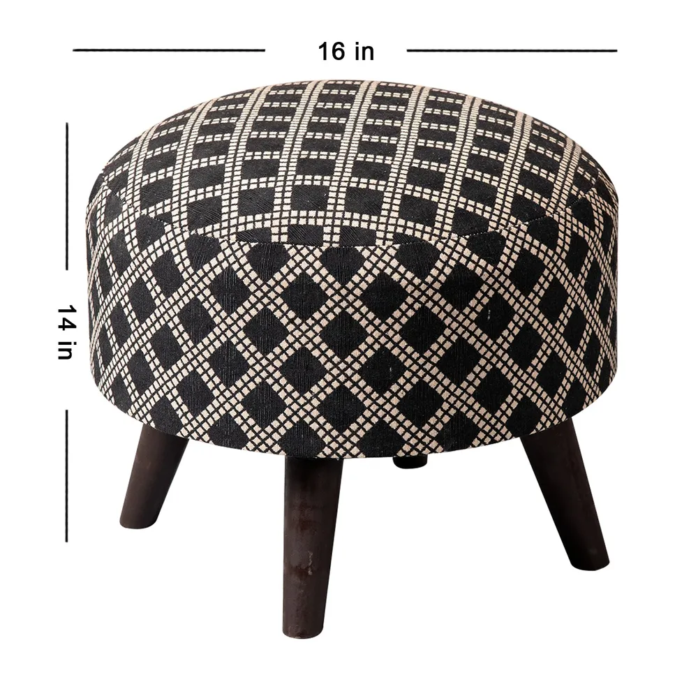 Alluring Print Grey and Black Woven Jacquard Cotton Ottoman Wood Stool Set Of 2
