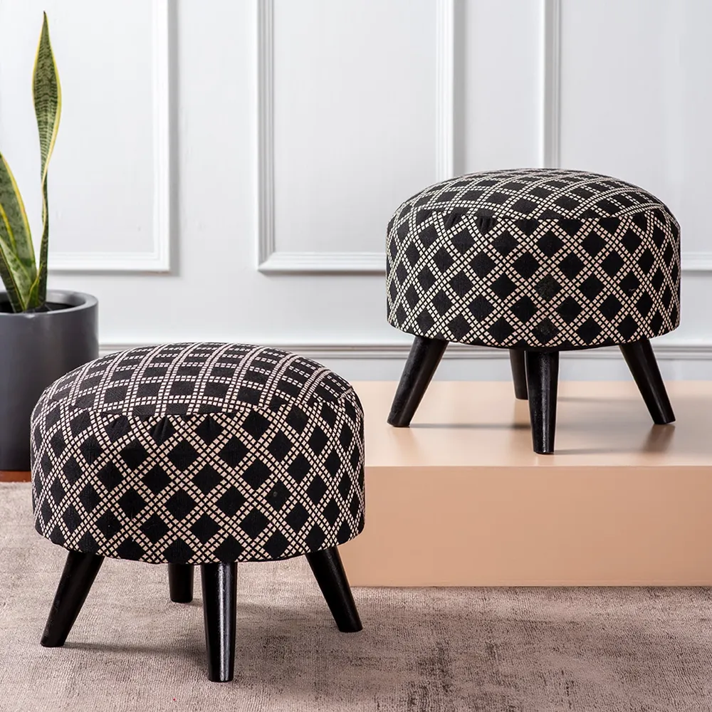 Alluring Print Grey and Black Woven Jacquard Cotton Ottoman Wood Stool Set Of 2