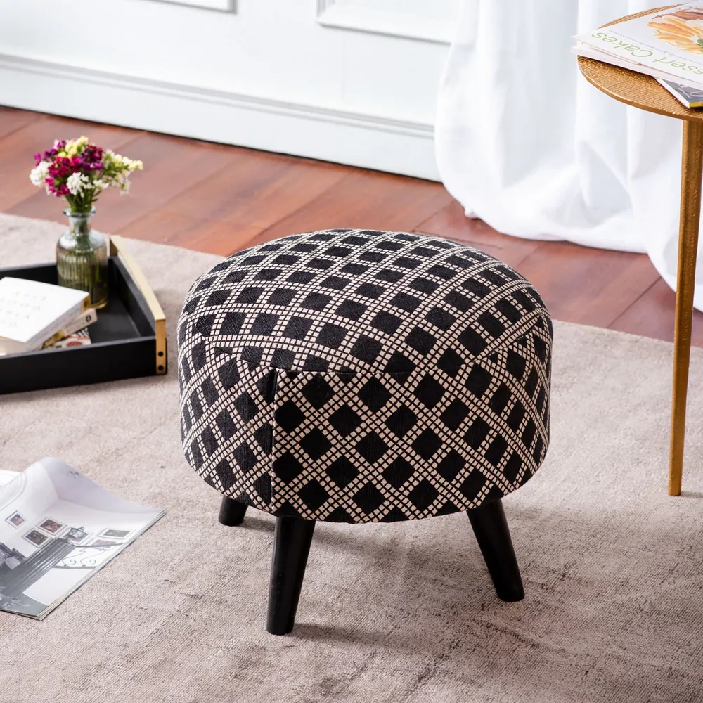 Alluring Print Grey and Black Woven Jacquard Cotton Upholstered Ottoman Wood Stool