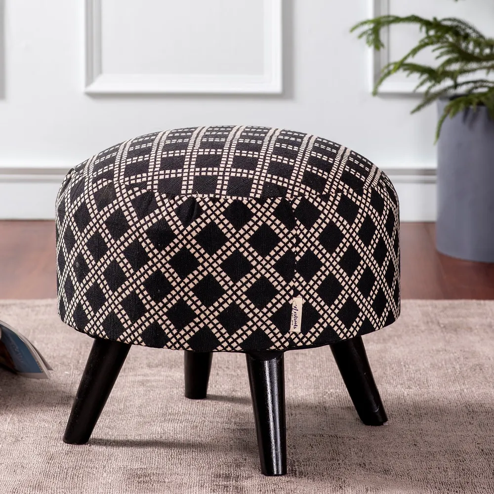 Alluring Print Grey and Black Woven Jacquard Cotton Upholstered Ottoman Wood Stool