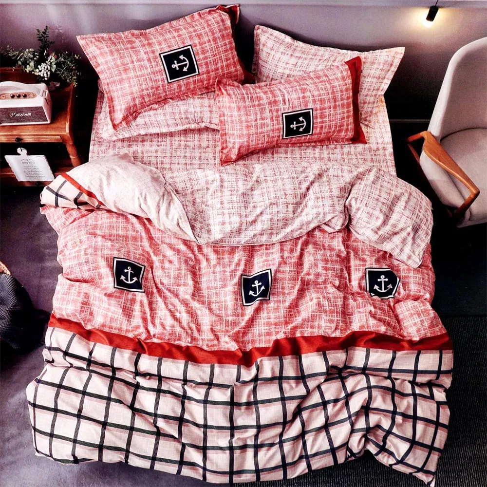 Anchor On Bed Printed Double Bedsheet With 2 Pillow Covers (Red & White)