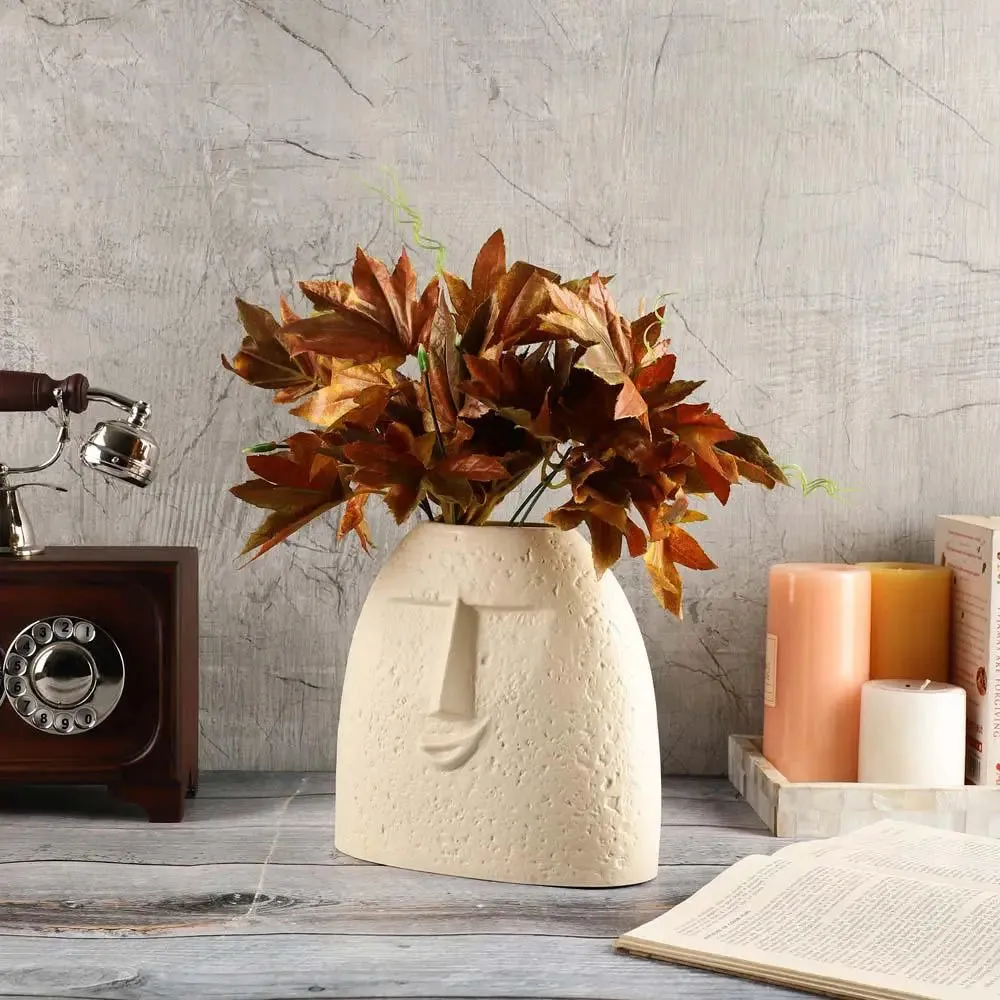 Ancient Carved Face Off White Decorative Ceramic Flower Vase