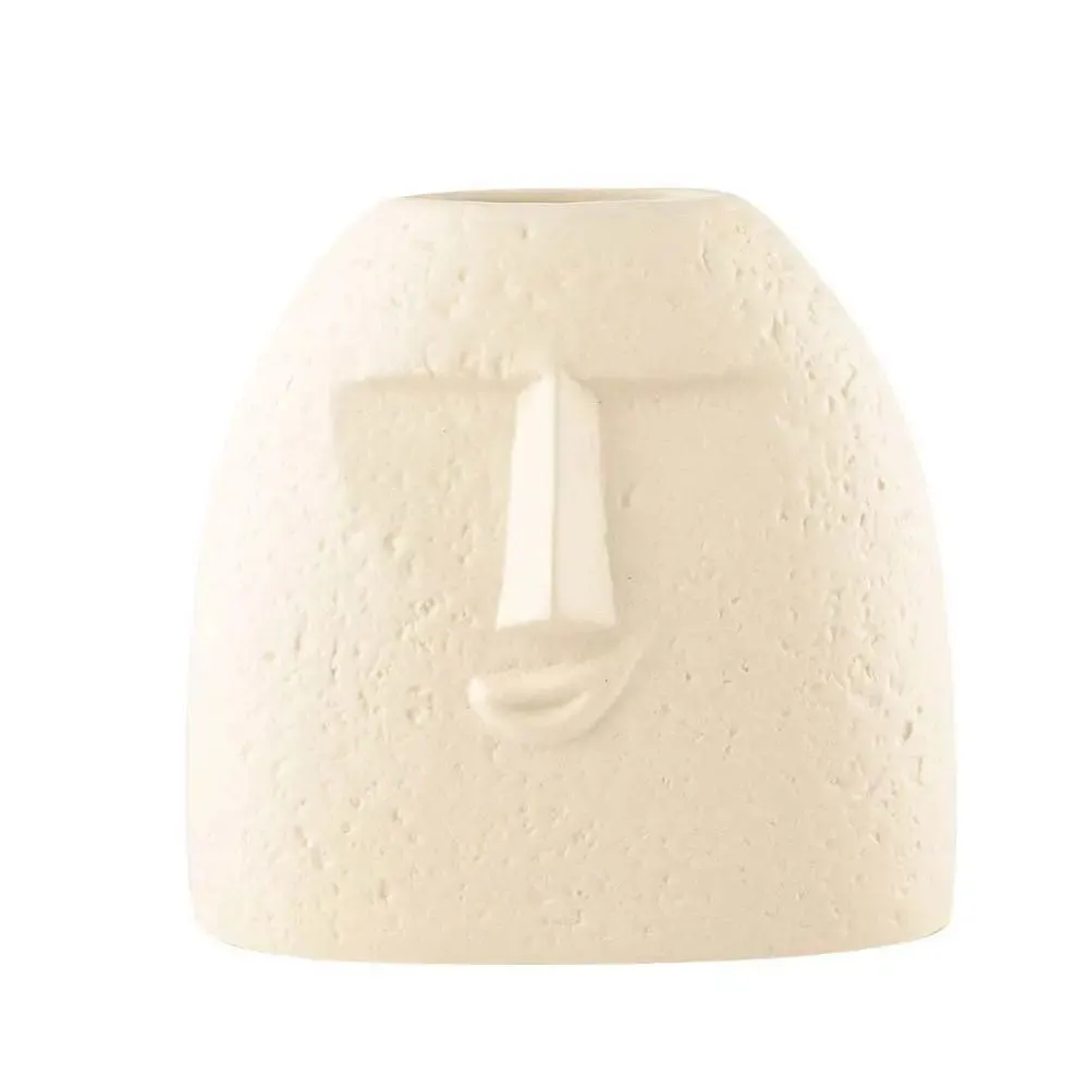 Ancient Carved Face Off White Decorative Ceramic Flower Vase