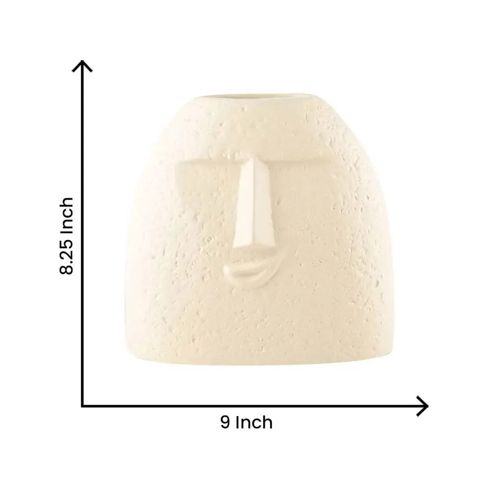 Ancient Carved Face Off White Decorative Ceramic Flower Vase