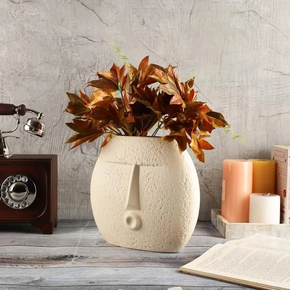 Ancient Carved Oval Face White Decorative Ceramic Flower Vase Single Piece