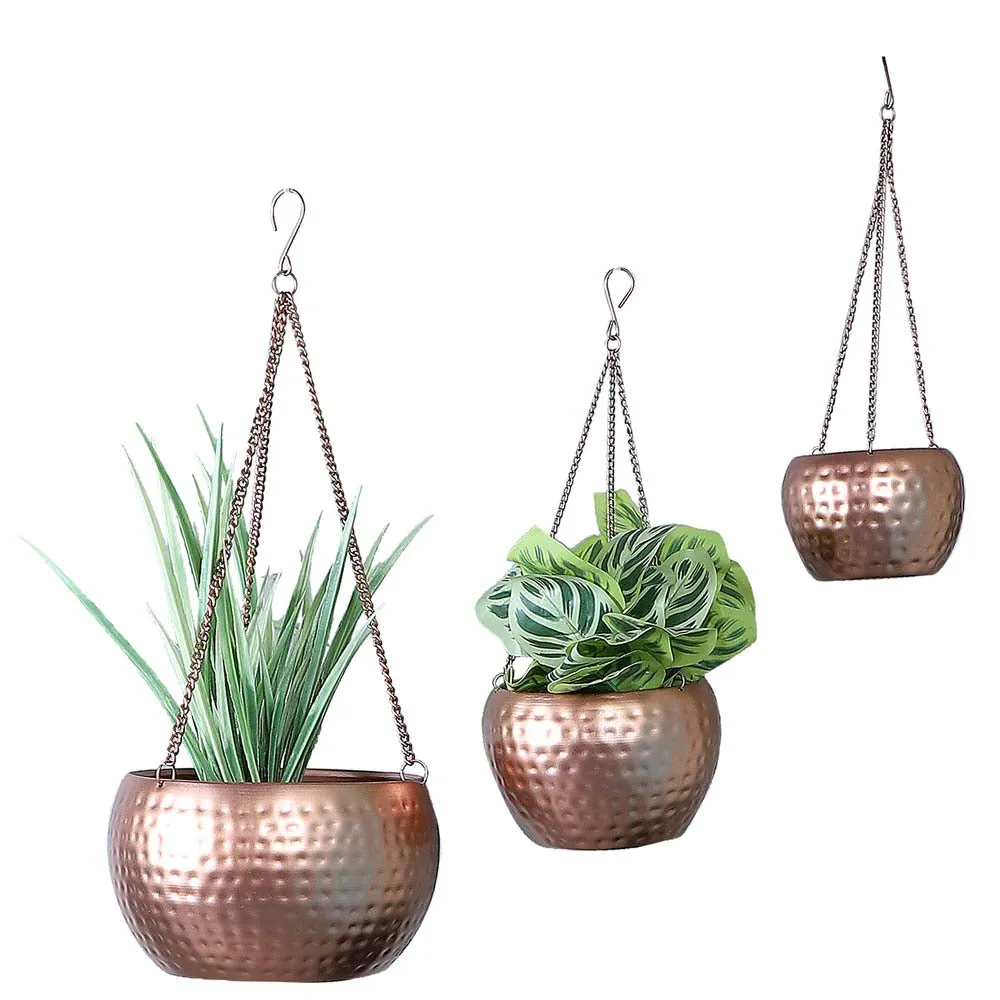 Ancient Motif Hammered Copper Hanging Planter Set Of 3