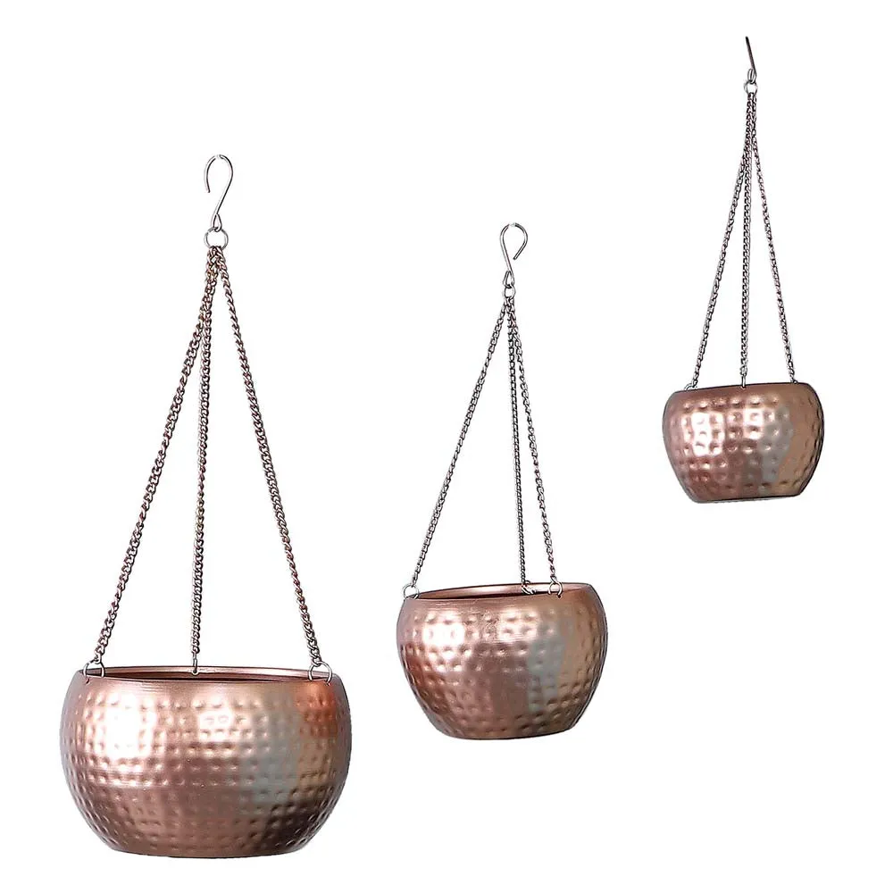Ancient Motif Hammered Copper Hanging Planter Set Of 3