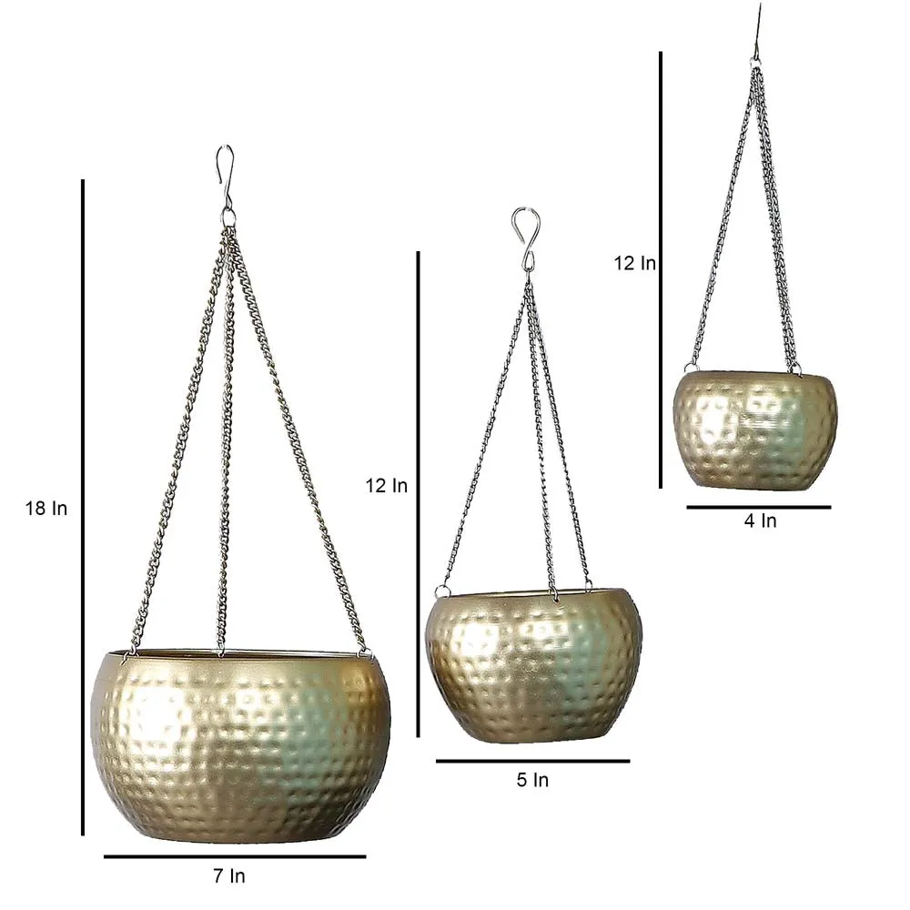 Ancient Motif Hammered Golden Hanging Planter Set Of 3