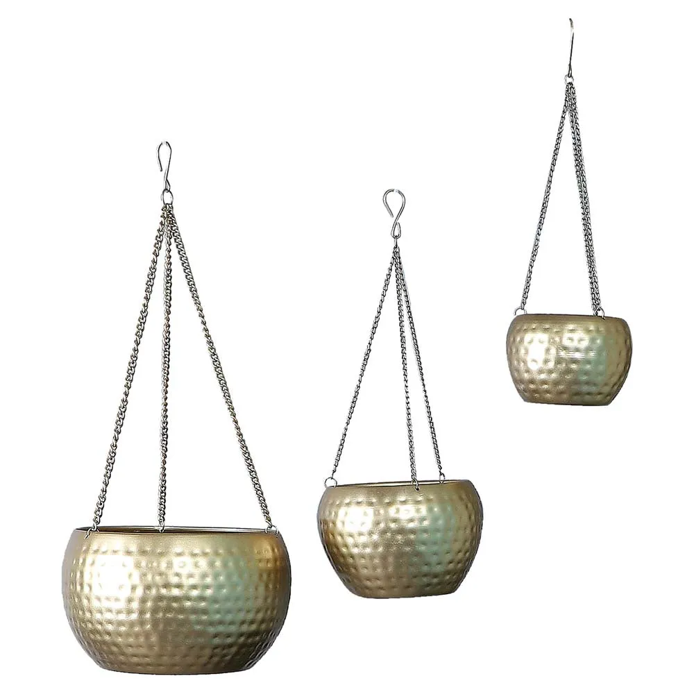 Ancient Motif Hammered Golden Hanging Planter Set Of 3