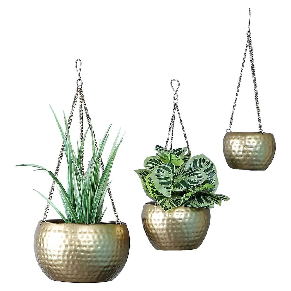 Ancient Motif Hammered Golden Hanging Planter Set Of 3