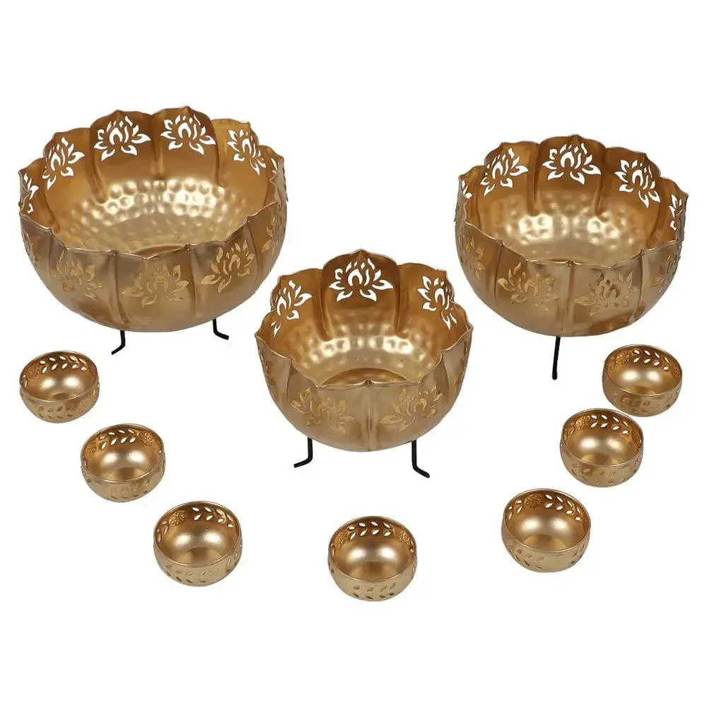 Antique Big Lotus Urli Bowls With Stands (Set of 10)