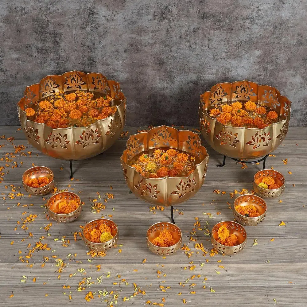 Antique Big Lotus Urli Bowls With Stands (Set of 10)