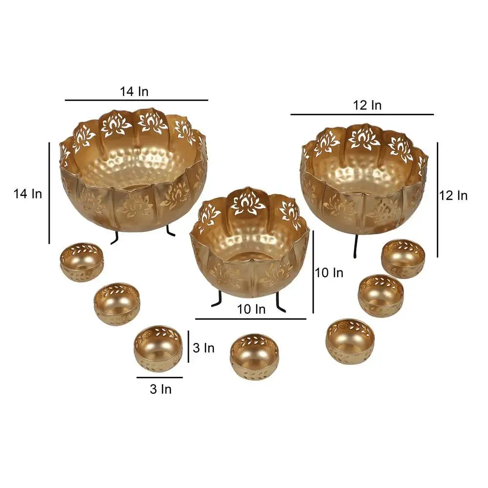 Antique Big Lotus Urli Bowls With Stands (Set of 10)