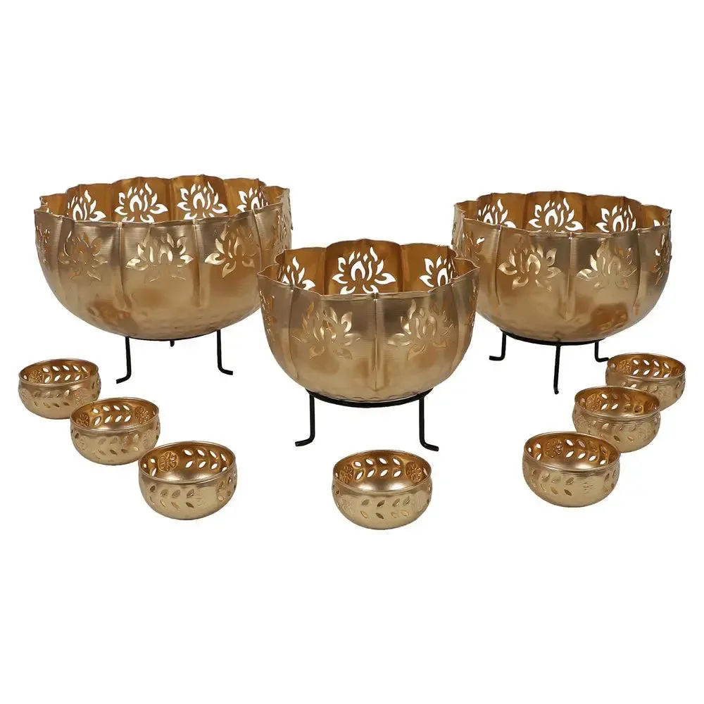 Antique Big Lotus Urli Bowls With Stands (Set of 10)