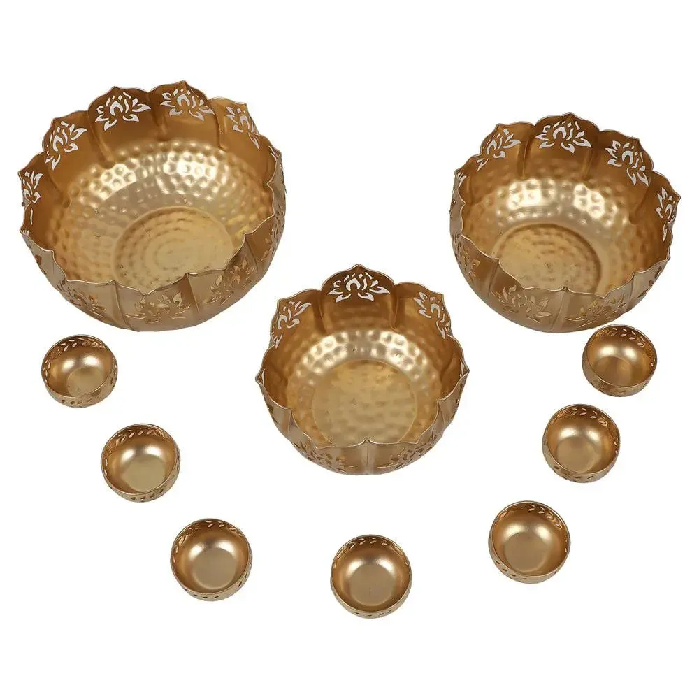 Antique Big Lotus Urli Bowls With Stands (Set of 10)