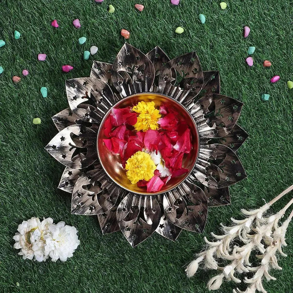 Antique Black Designer Floral Metal Urli Bowl