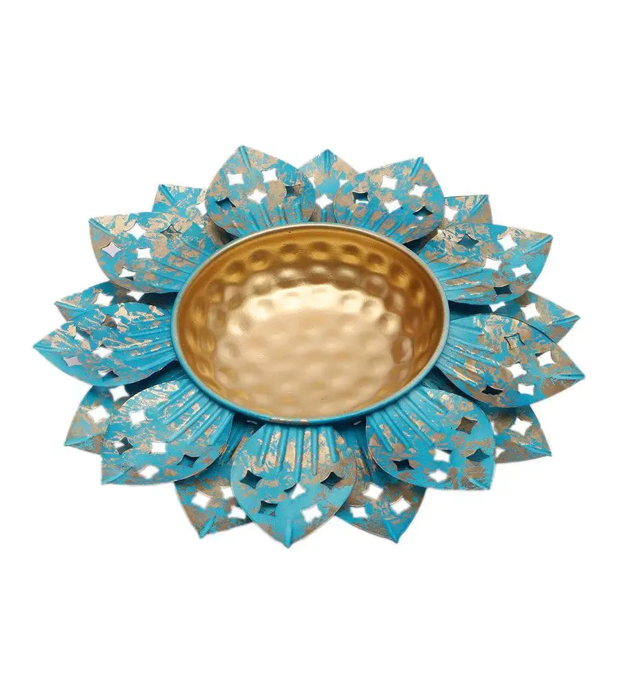 Antique Blue Designer Floral Metal Urli Bowl