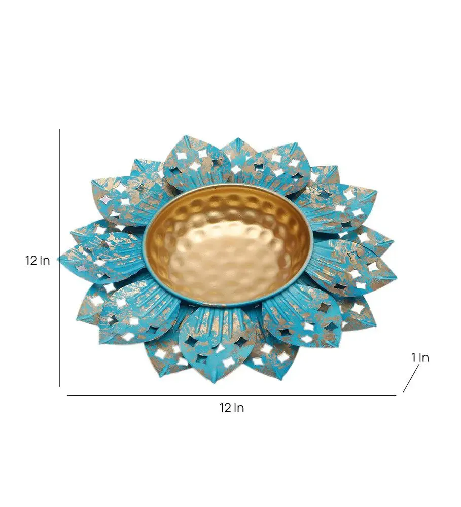 Antique Blue Designer Floral Metal Urli Bowl