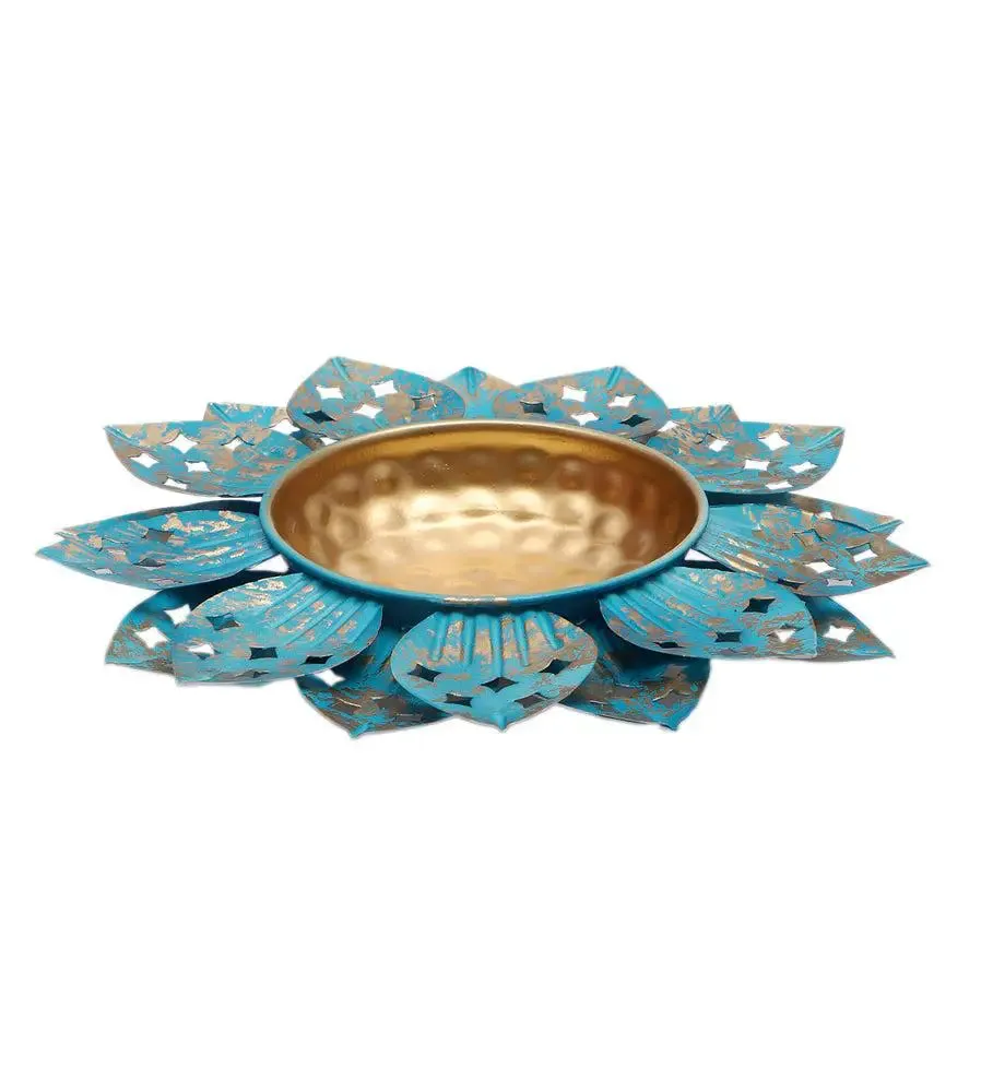 Antique Blue Designer Floral Metal Urli Bowl