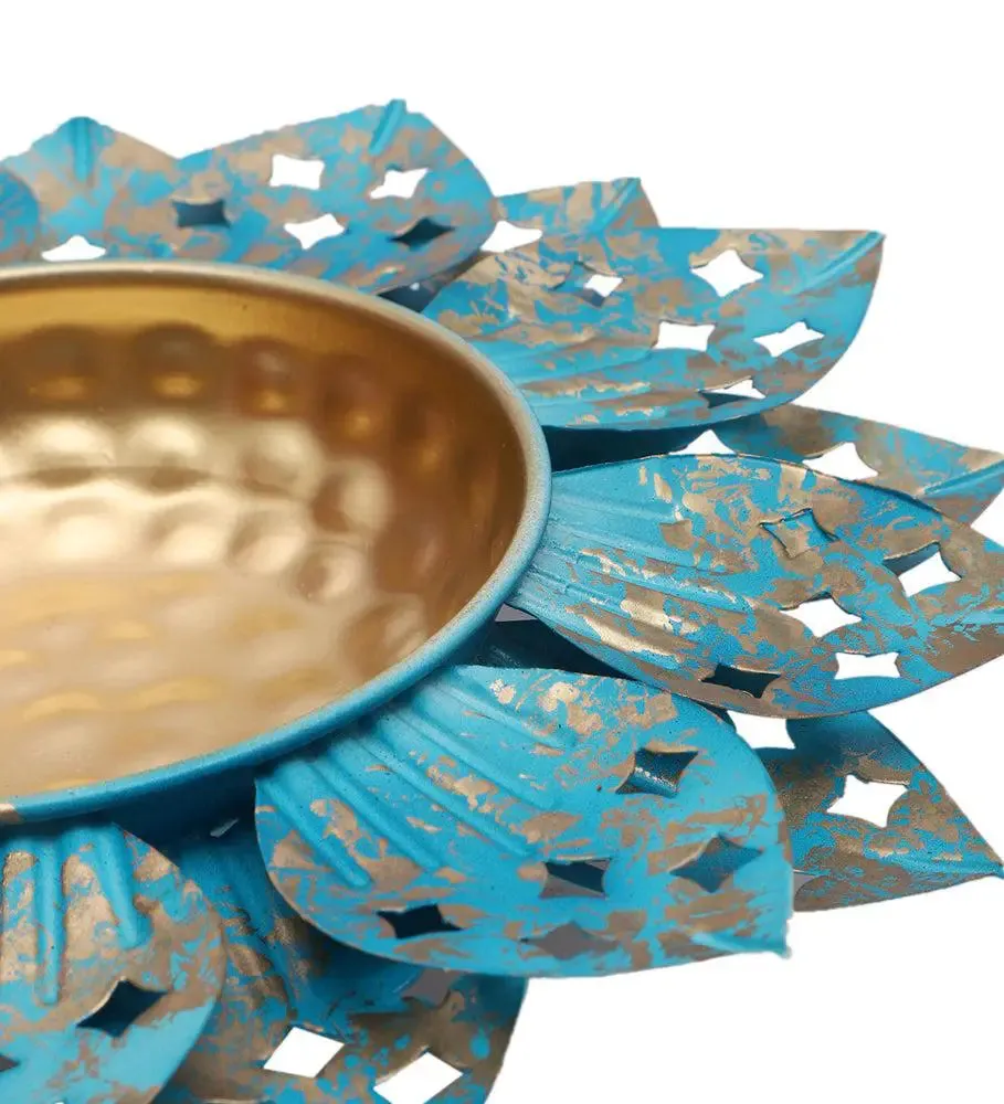 Antique Blue Designer Floral Metal Urli Bowl