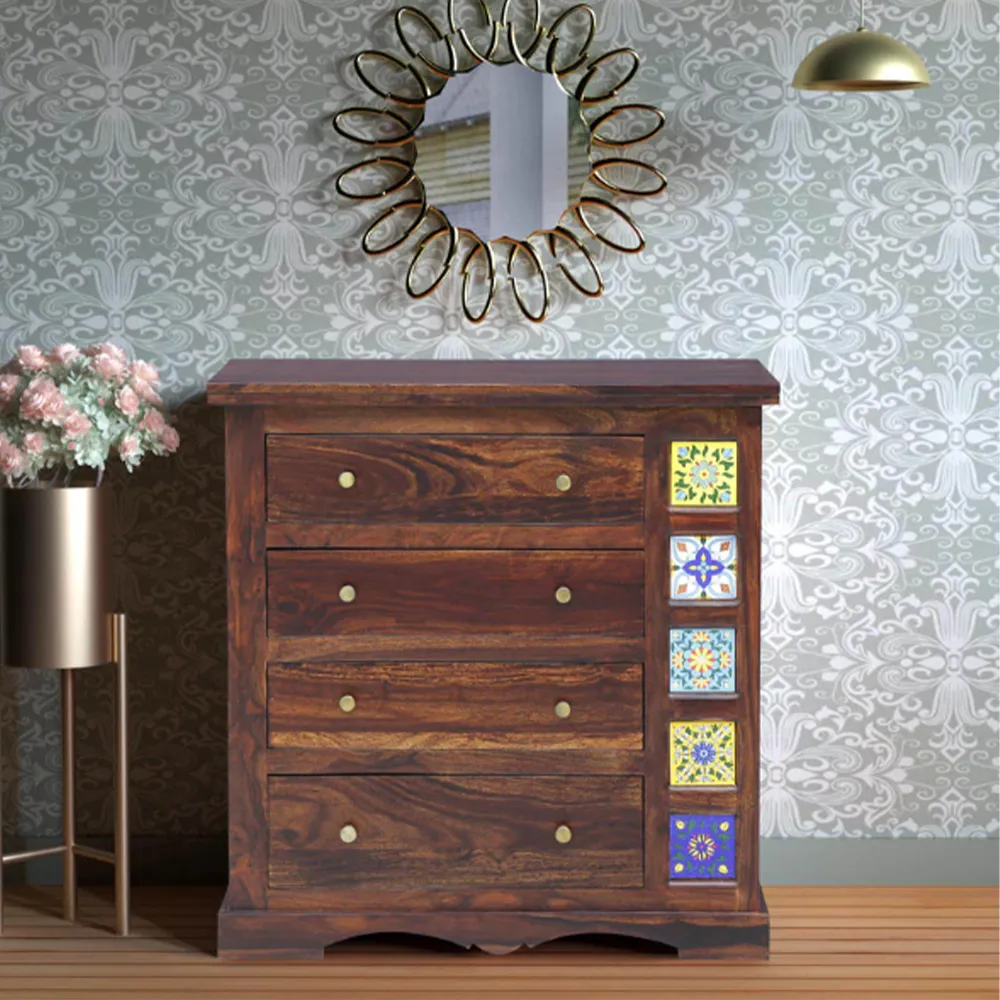 Antique Finish Traditional Block Crafted Sheesham Wood Chest Of Drawers