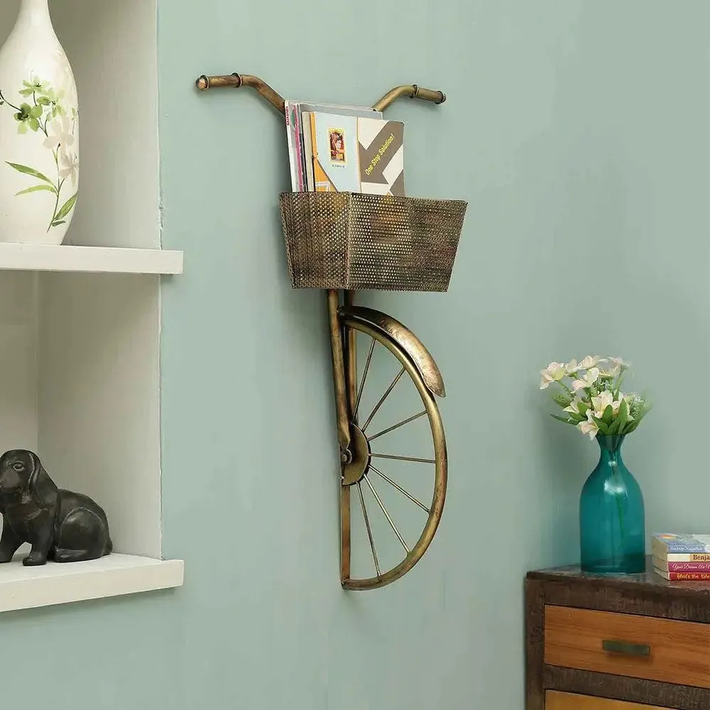 Antique Gold Cycle with Basket Metal Wall Art for Living Room