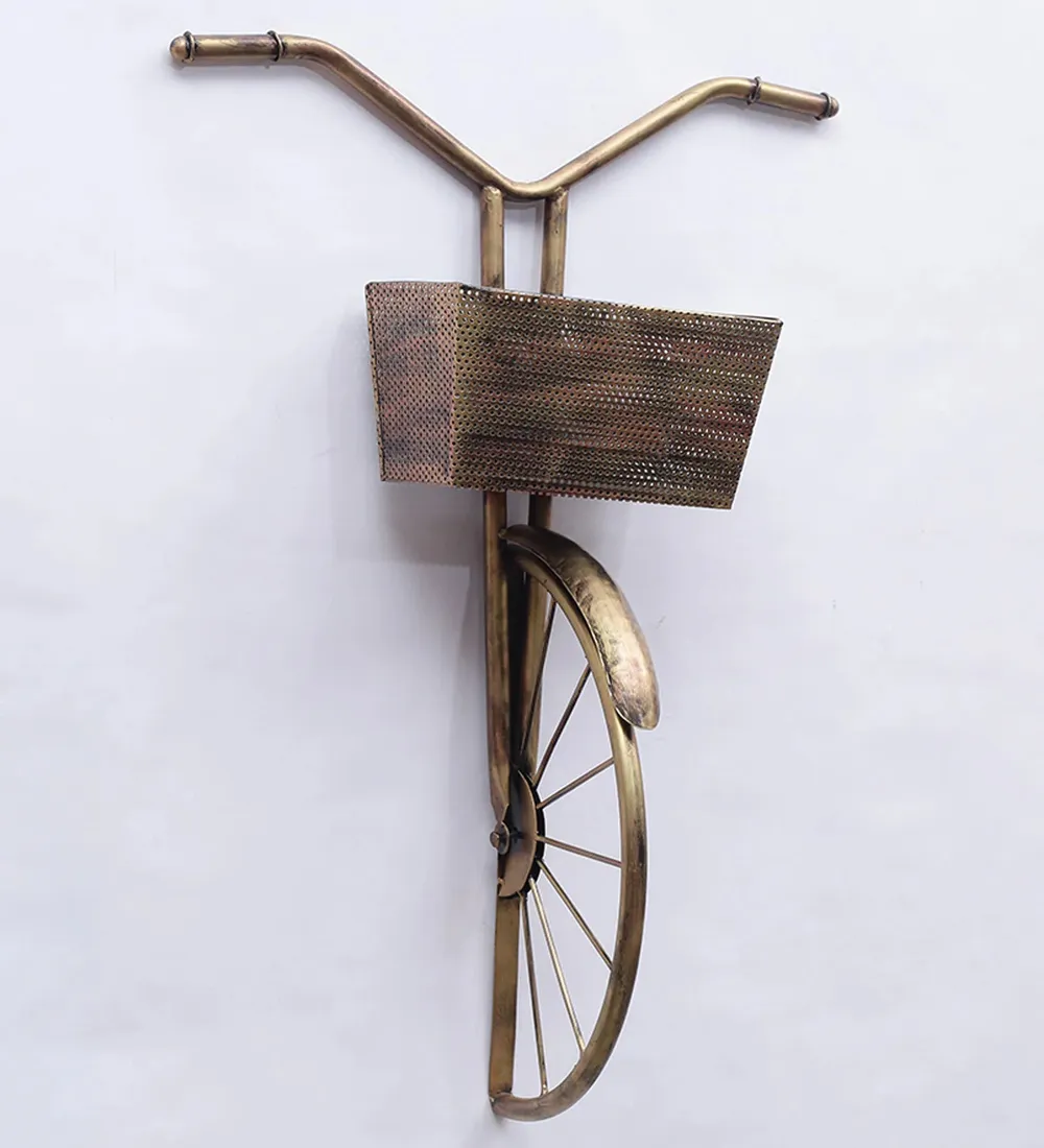 Antique Gold Cycle with Basket Metal Wall Art for Living Room