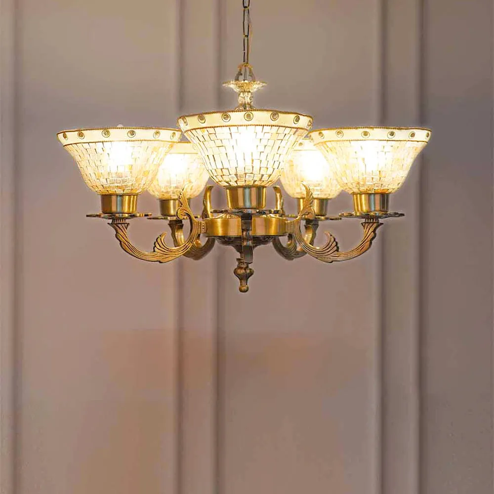 Antique Lustrous Golden Textured 5 lights Chandelier Hanging Ceiling Light