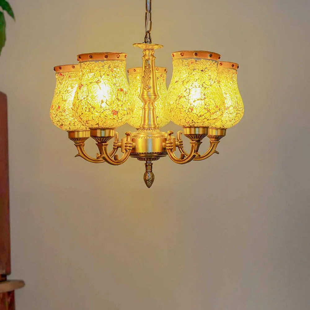 Antique Lustrous Golden Textured 5 lights Chandelier Hanging Ceiling Light