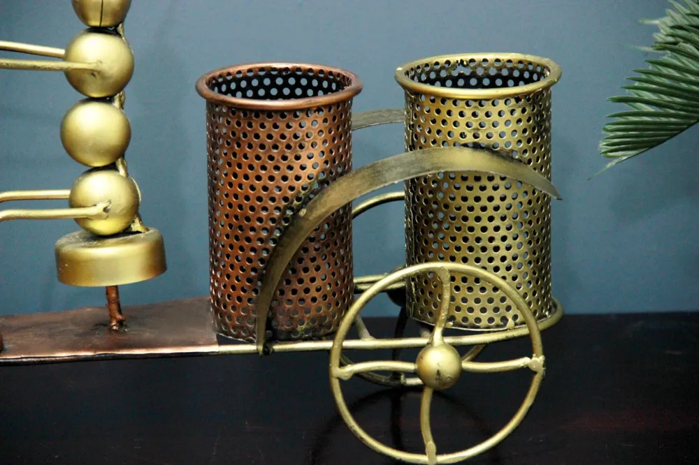 Antique Metal Table Clock with Pen Holder