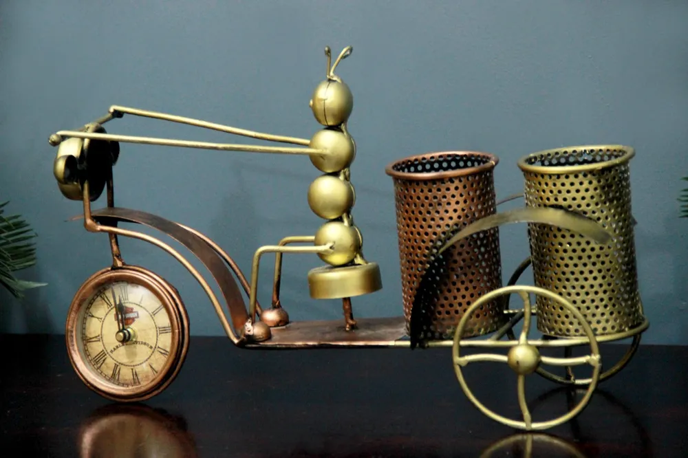 Antique Metal Table Clock with Pen Holder