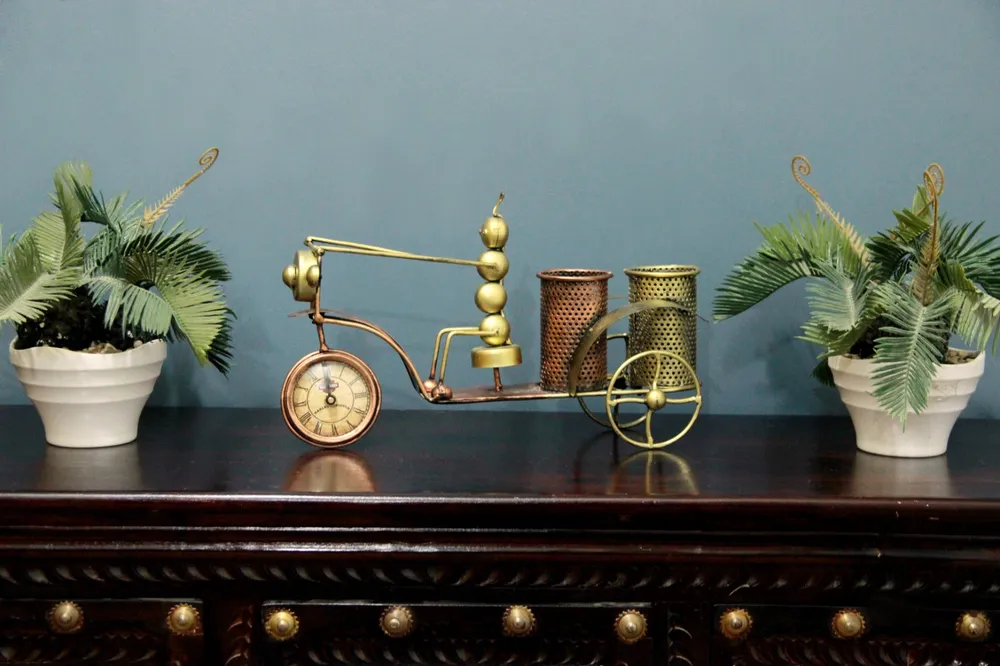 Antique Metal Table Clock with Pen Holder